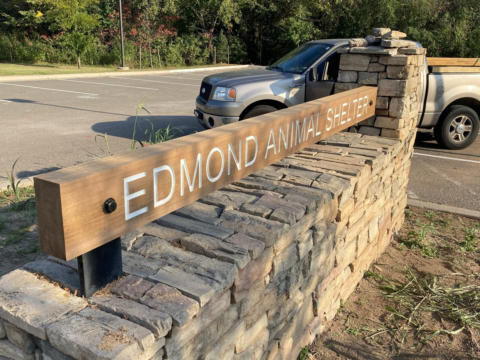 Carved cedar on stone