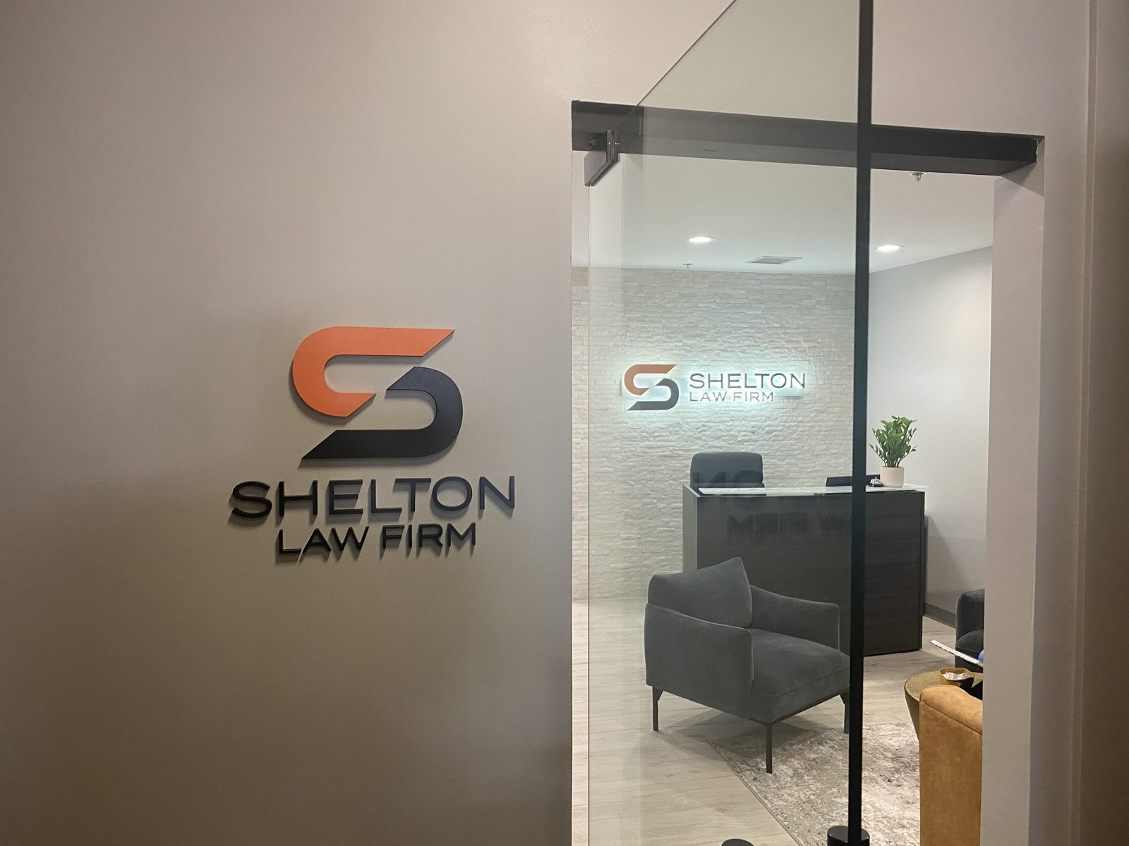 Law firm lobby logo and glass graphics