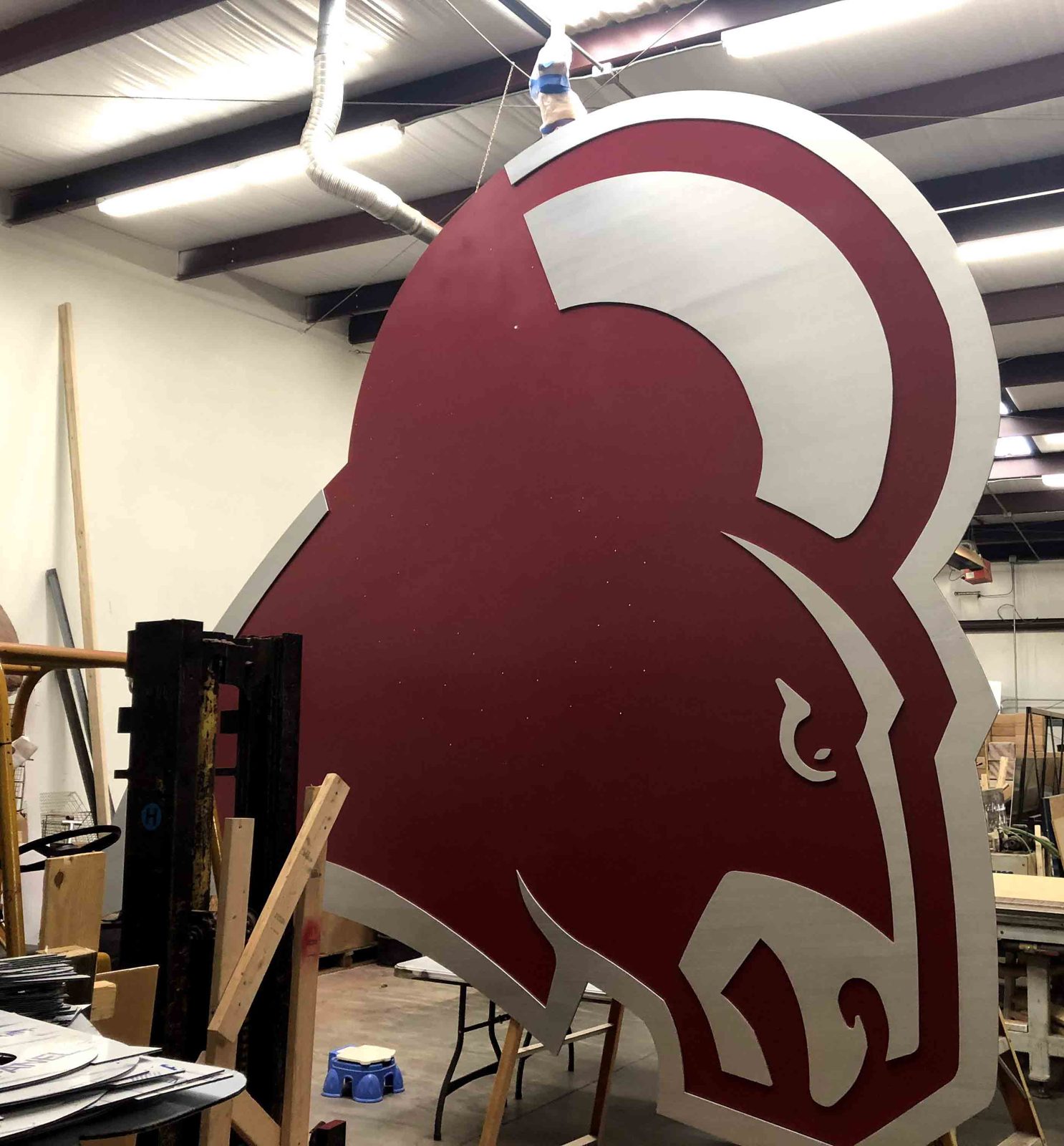 Twelve-foot mascot leaving the paint bay